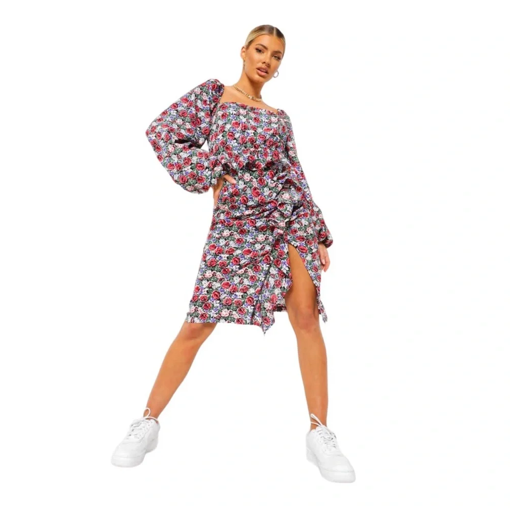 NWOT Boohoo Ruffle Waist Floral Midi Dress Size 14 - Picture 1 of 8